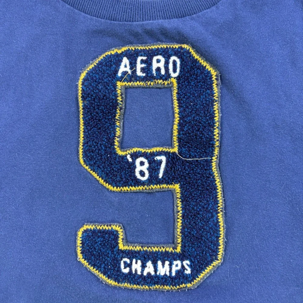 Y2K Aeropostale 1987 Aero Champs Graphic T Shirt Mens Large Navy Chenille Patch